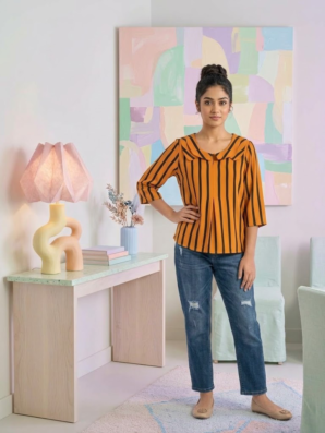 Women’s Mustard Orange & Black Striped Irregular Collar Crop Blouse